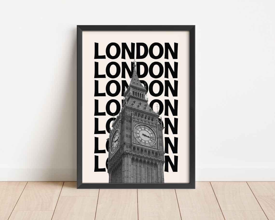 London Retro Black Monochrome Big Ben Tower England Travel Poster - Image 4