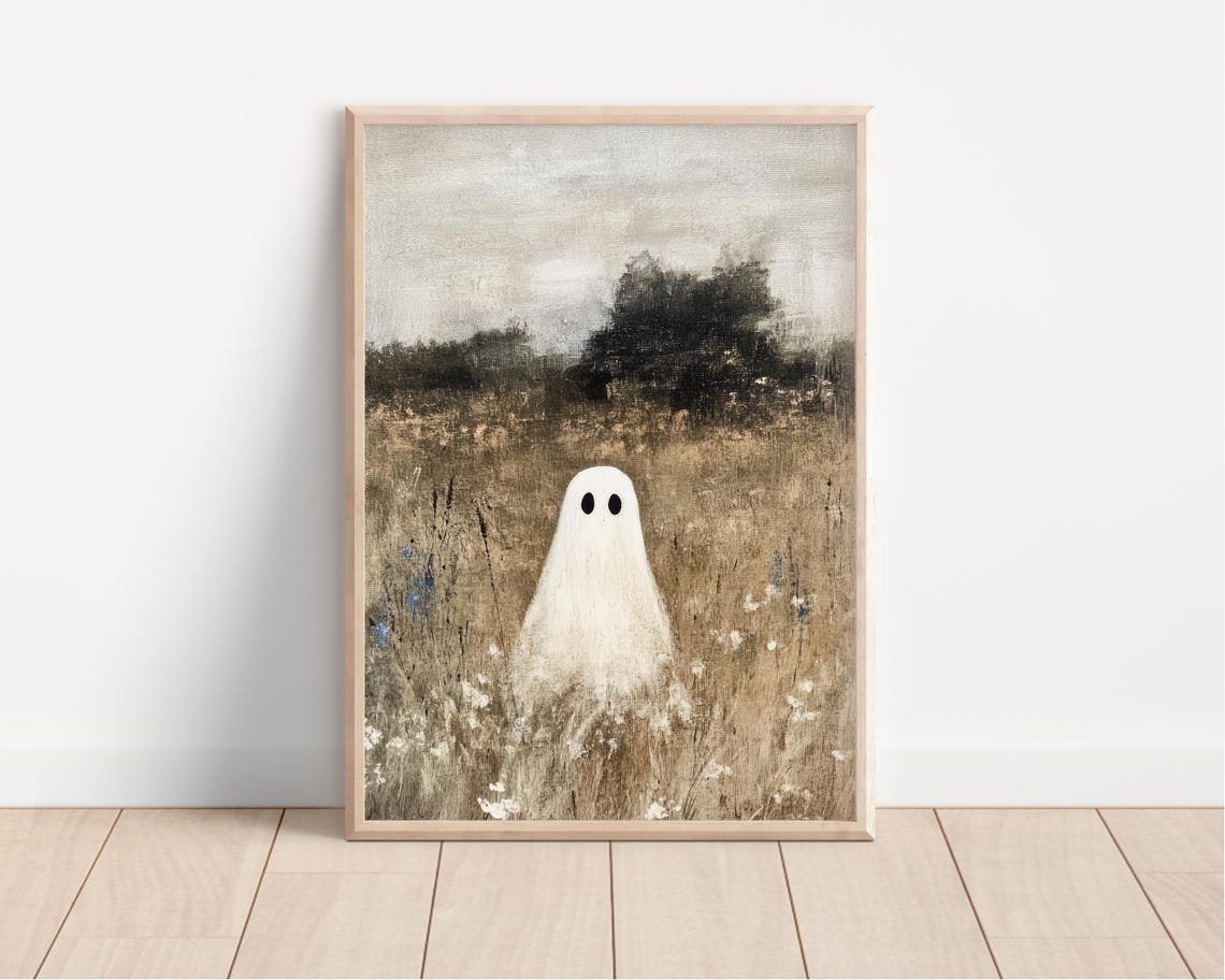 Cute Ghost In A Meadow Vintage Muted Landscape Halloween Poster - Image 3
