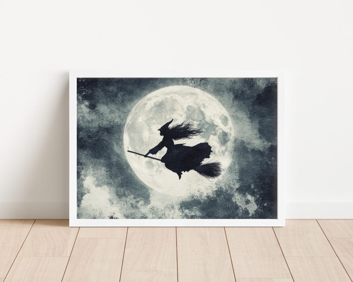 Witch Silhouette On Broomstick Flying Across Full Moon Poster - Image 4