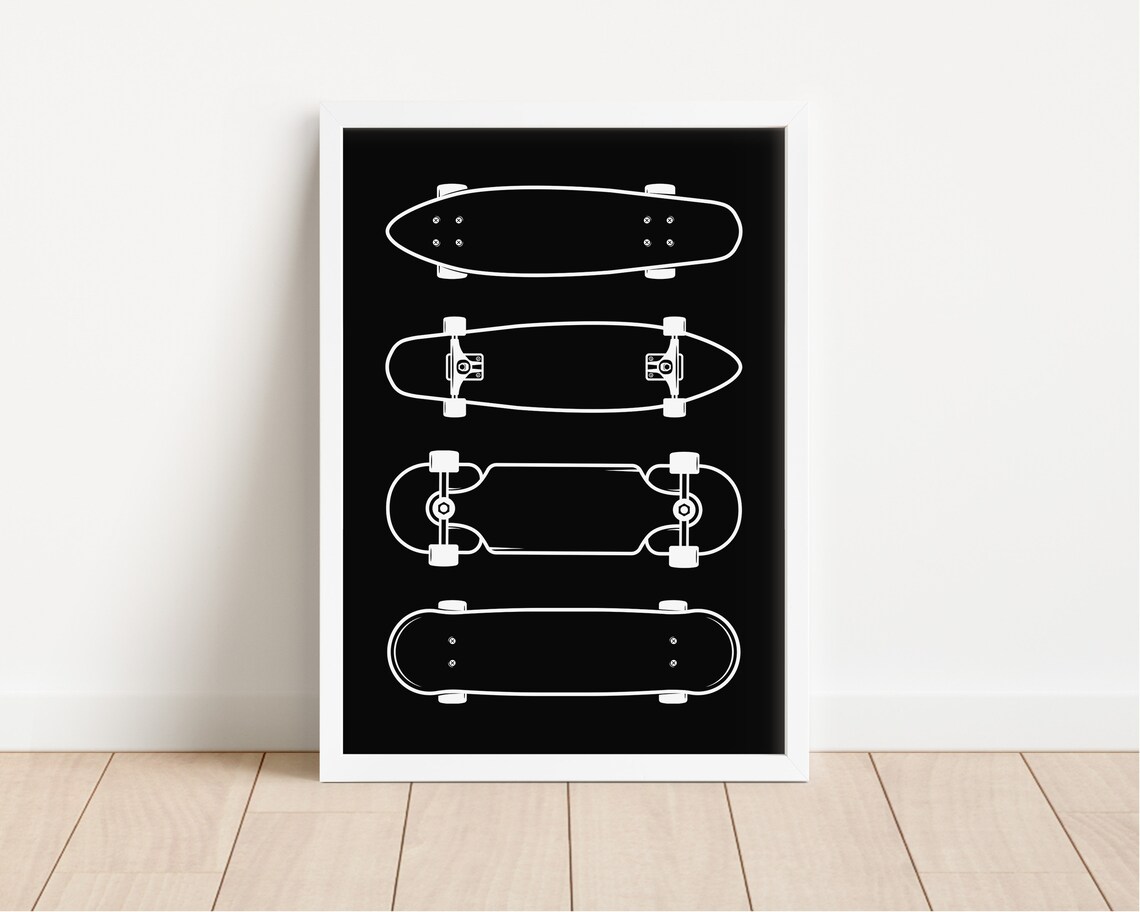 Four Skateboard Decks Line Illustration Black White Kids Room Poster - Image 3