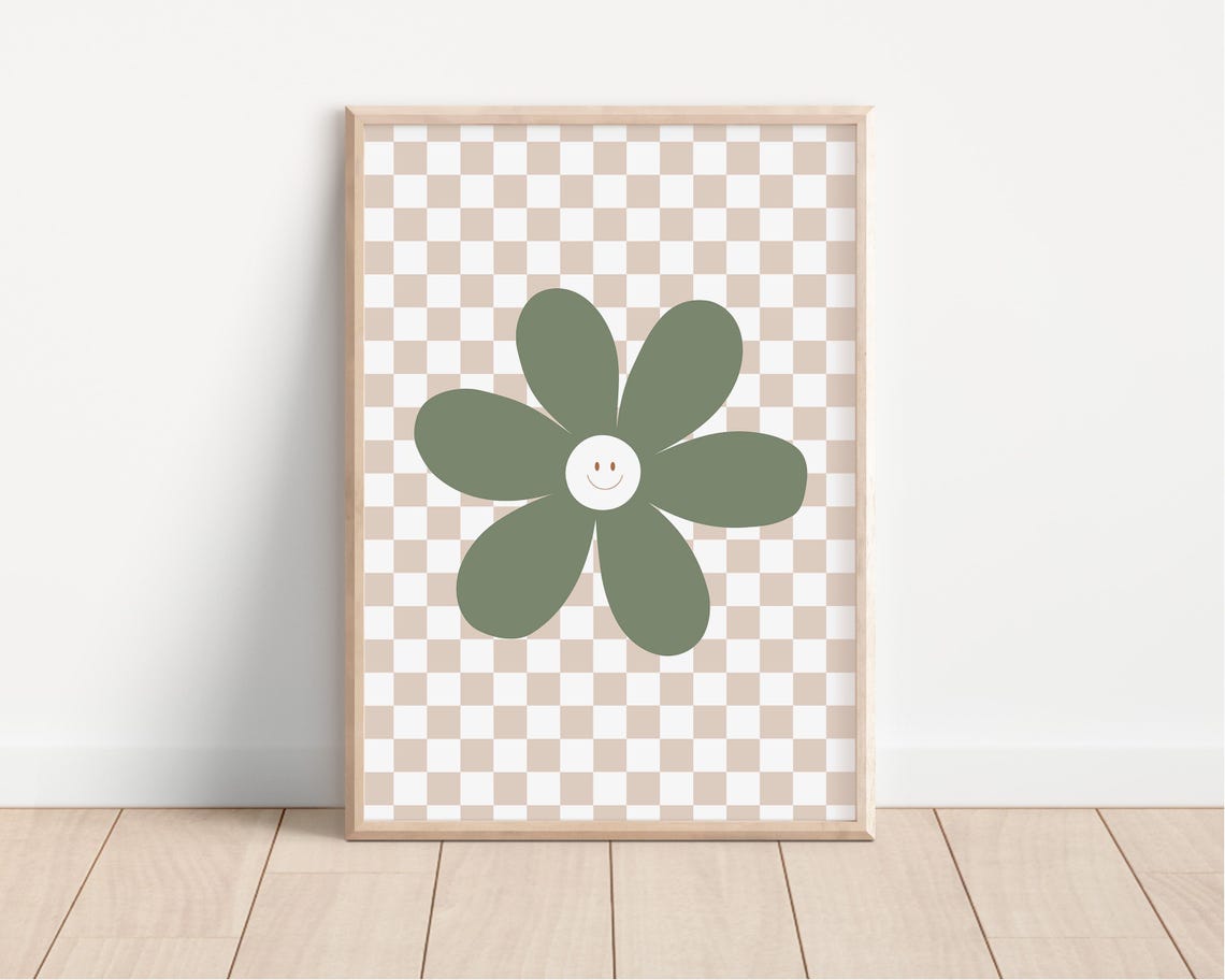 Smiling Daisy Flower Sage Green Checkerboard Nursery Art Poster - Image 4