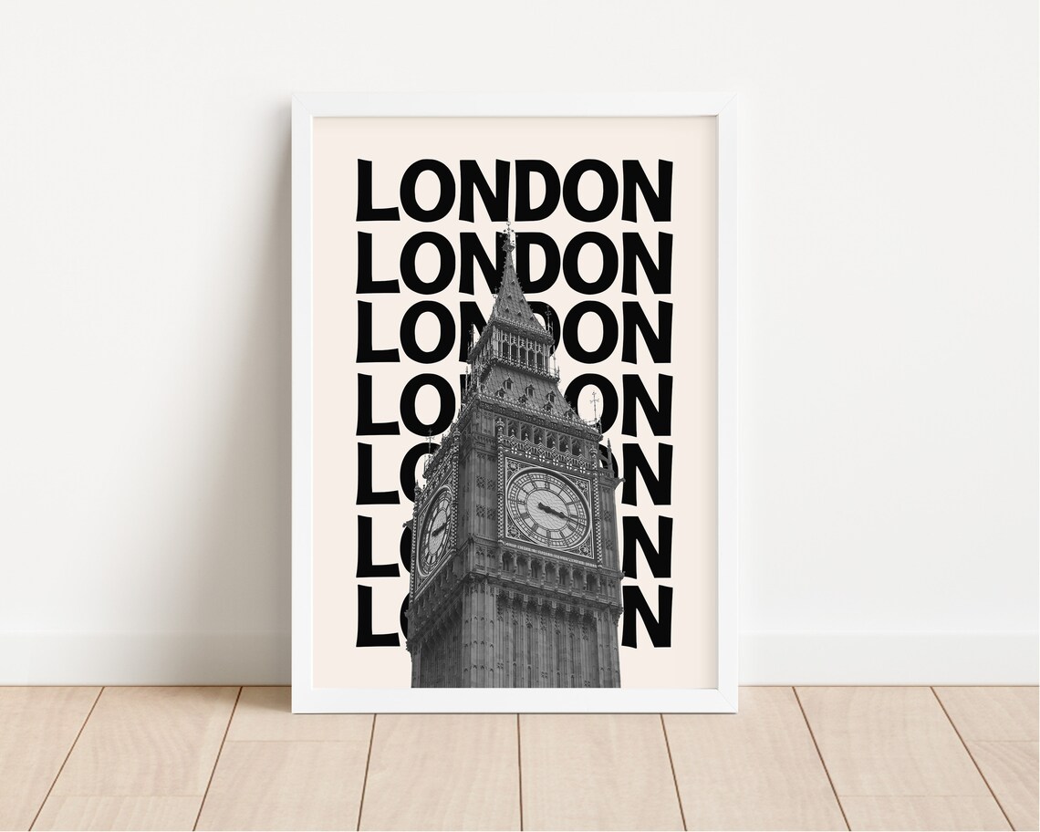 London Retro Black Monochrome Big Ben Tower England Travel Poster - Image 3
