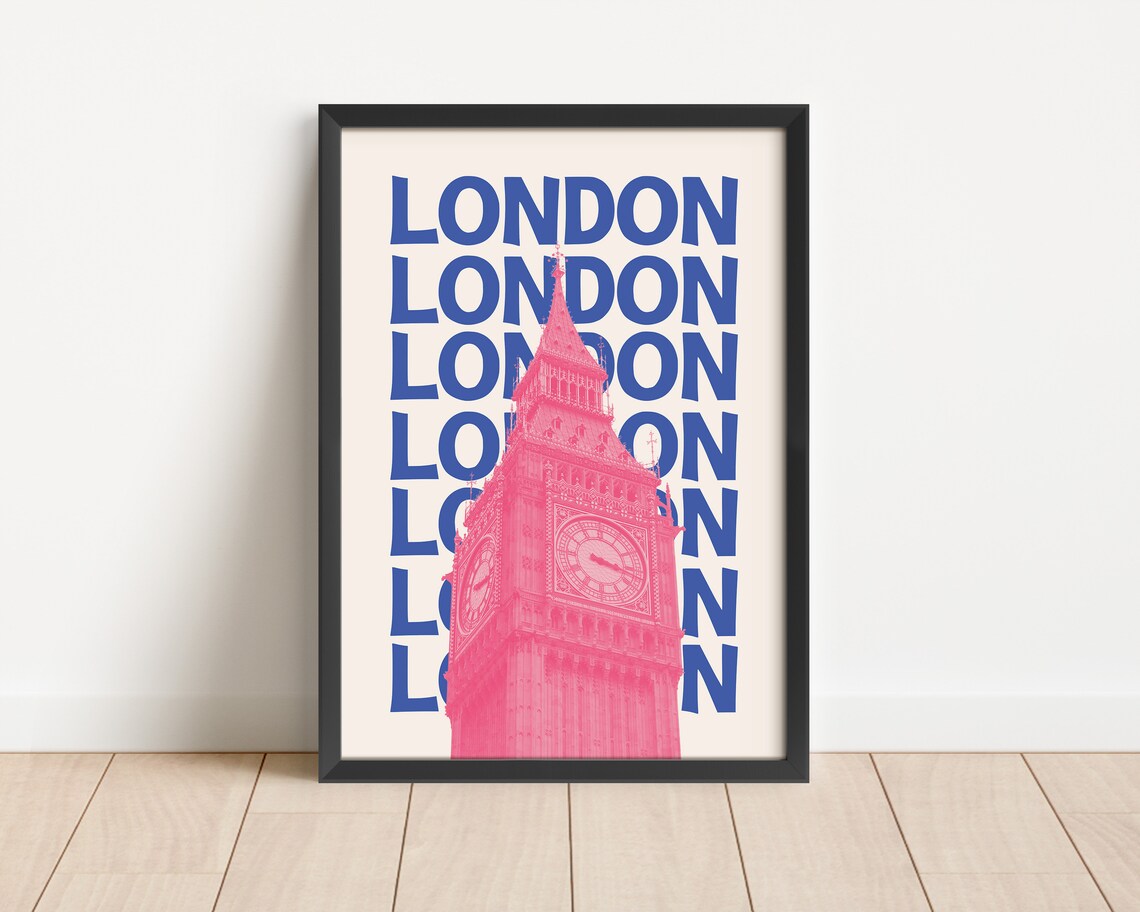 London Retro Blue Pink Big Ben Clock Tower England Travel Poster - Image 3