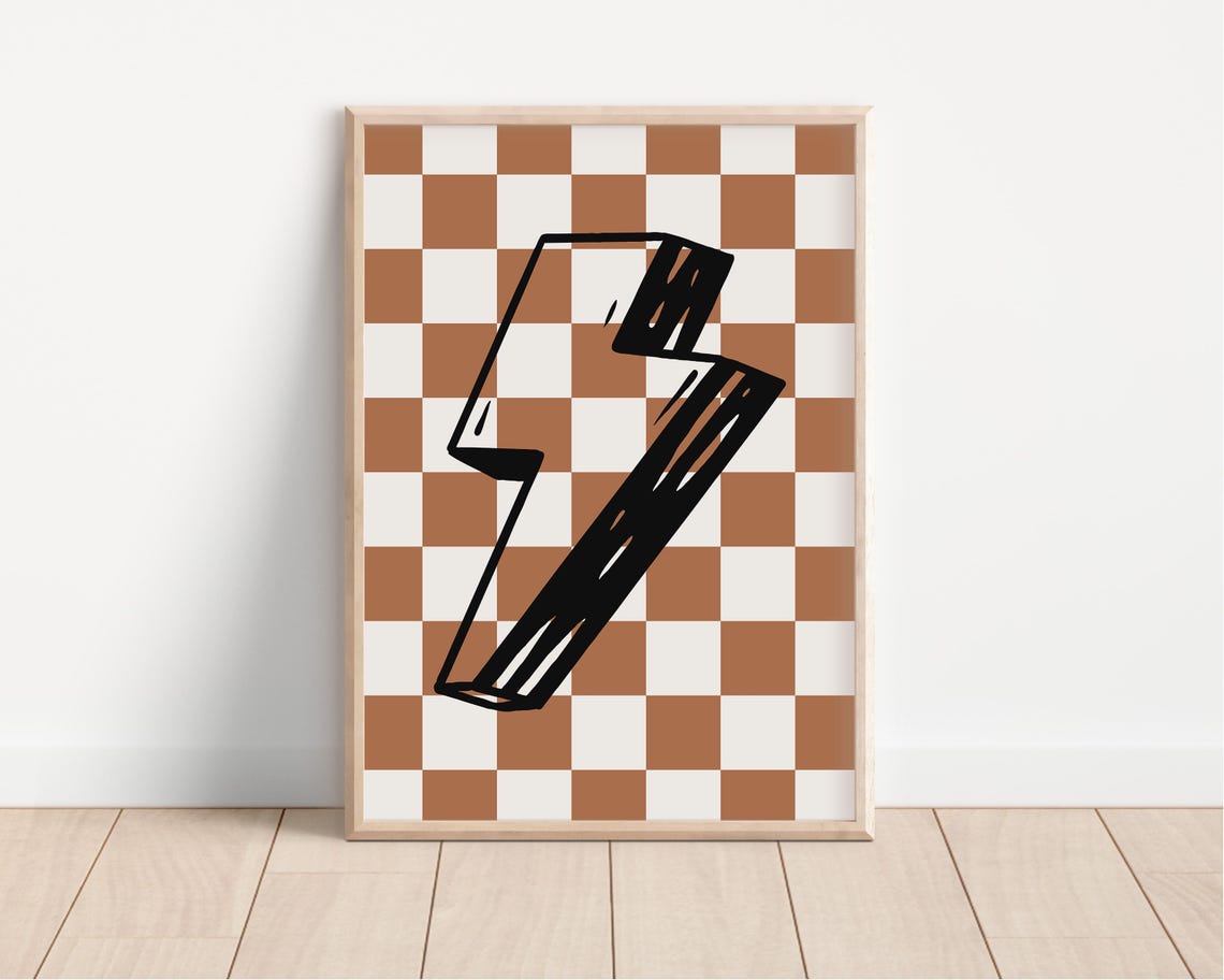 Lightning Bolt Brown Checkerboard Bold Kids Room Decor Poster - Image 3