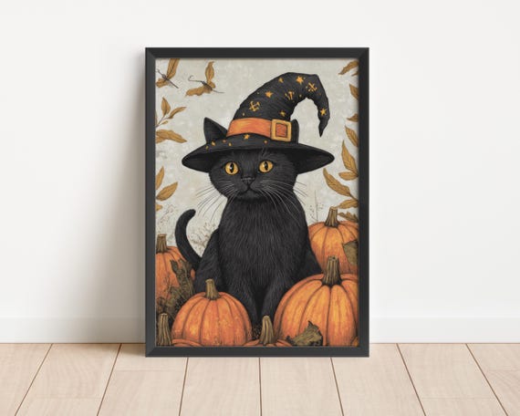 Vintage Black Cat Autumn Art Print Moody Pumpkin Art Print Aesthetic Art Print Vintage Halloween Art Dark Academia Wall Art