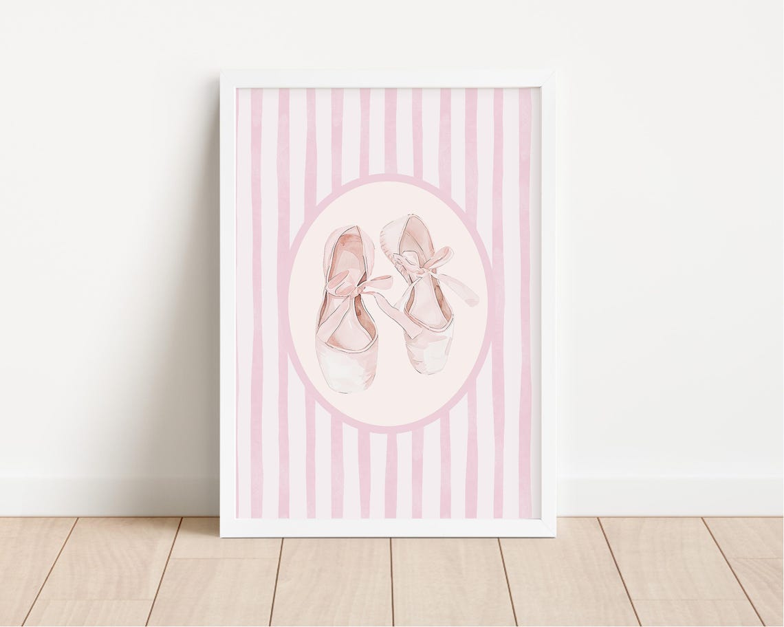 Ballerina Ballet Slippers Watercolor Pink Stripes Nursery Poster - Image 4