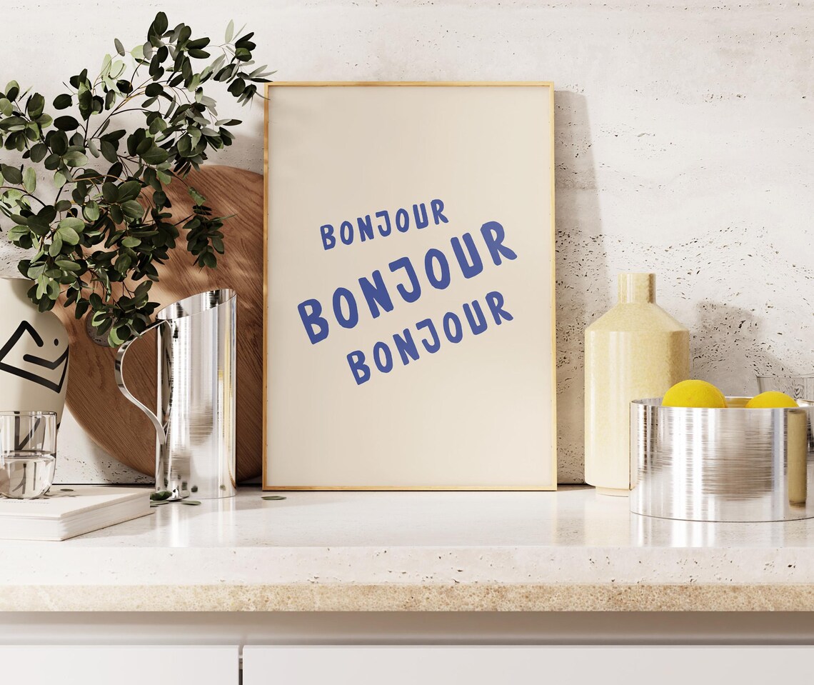 Bonjour Repeated Blue French Typography Minimalist Kitchen Poster - Image 4