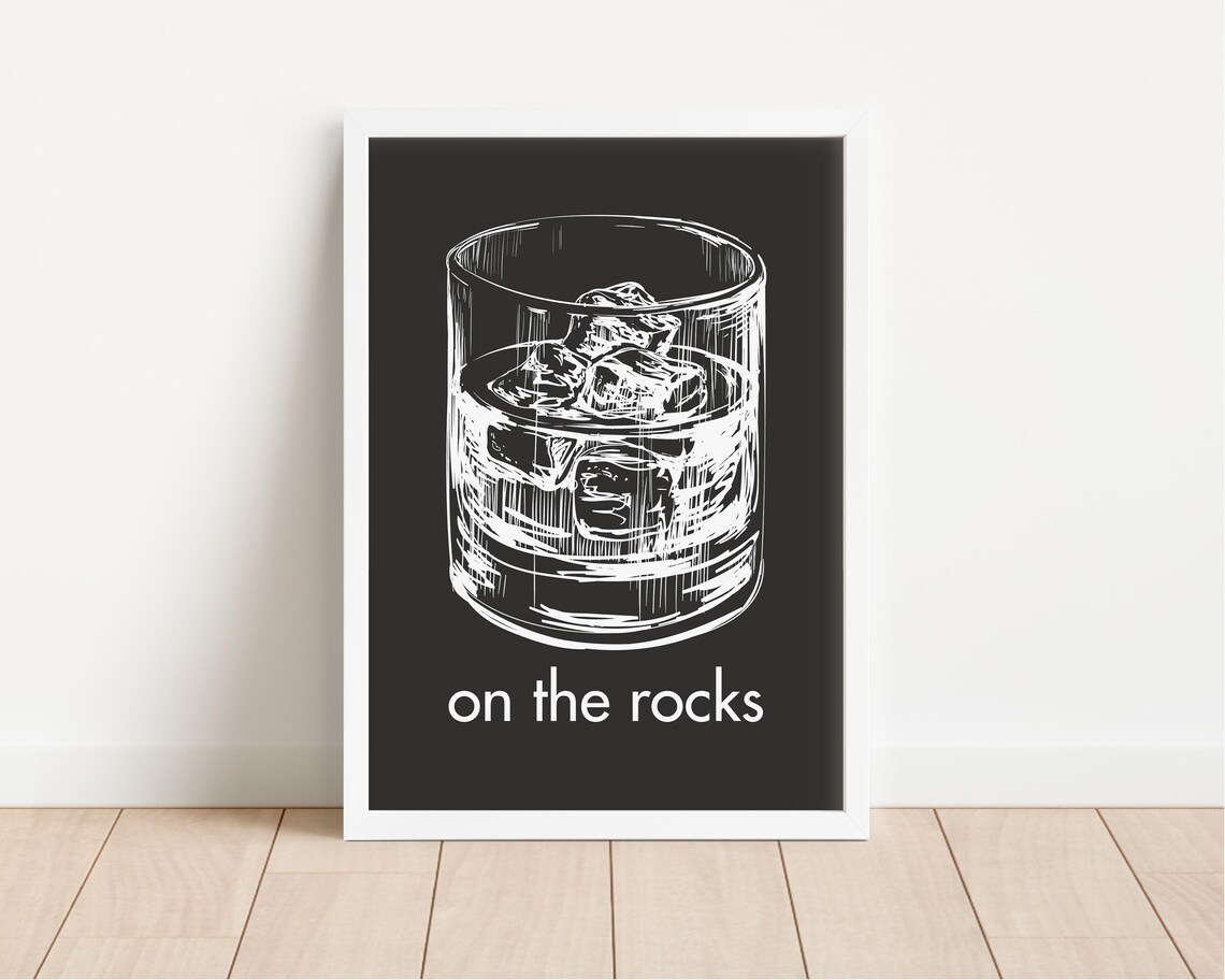 On The Rocks Whiskey Glass Sketch Illustration Black White Bar Cart Poster - Image 3