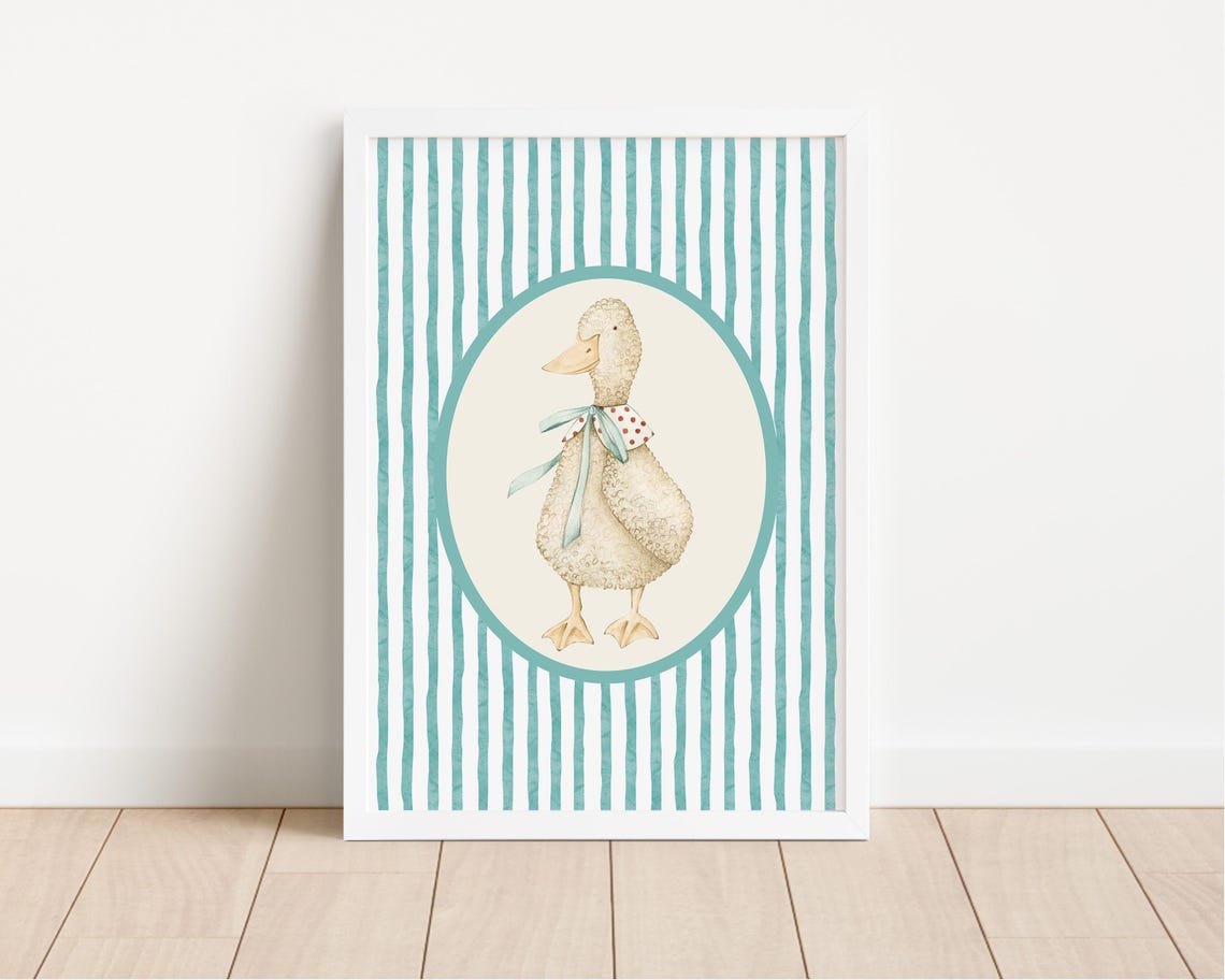 Duckling Watercolor Teal Stripes Cute Nursery Animal Art Poster - Image 3