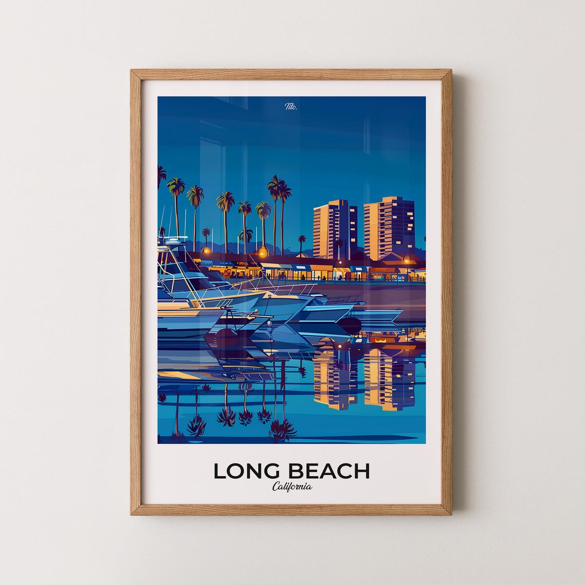 Long Beach California Night Poster Harbor Boats Palm Lights View