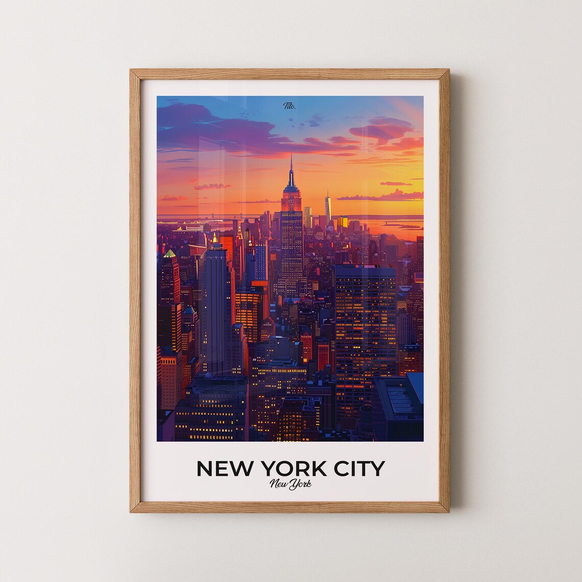 New York City Manhattan Skyline Sunset Golden Hour Travel Poster