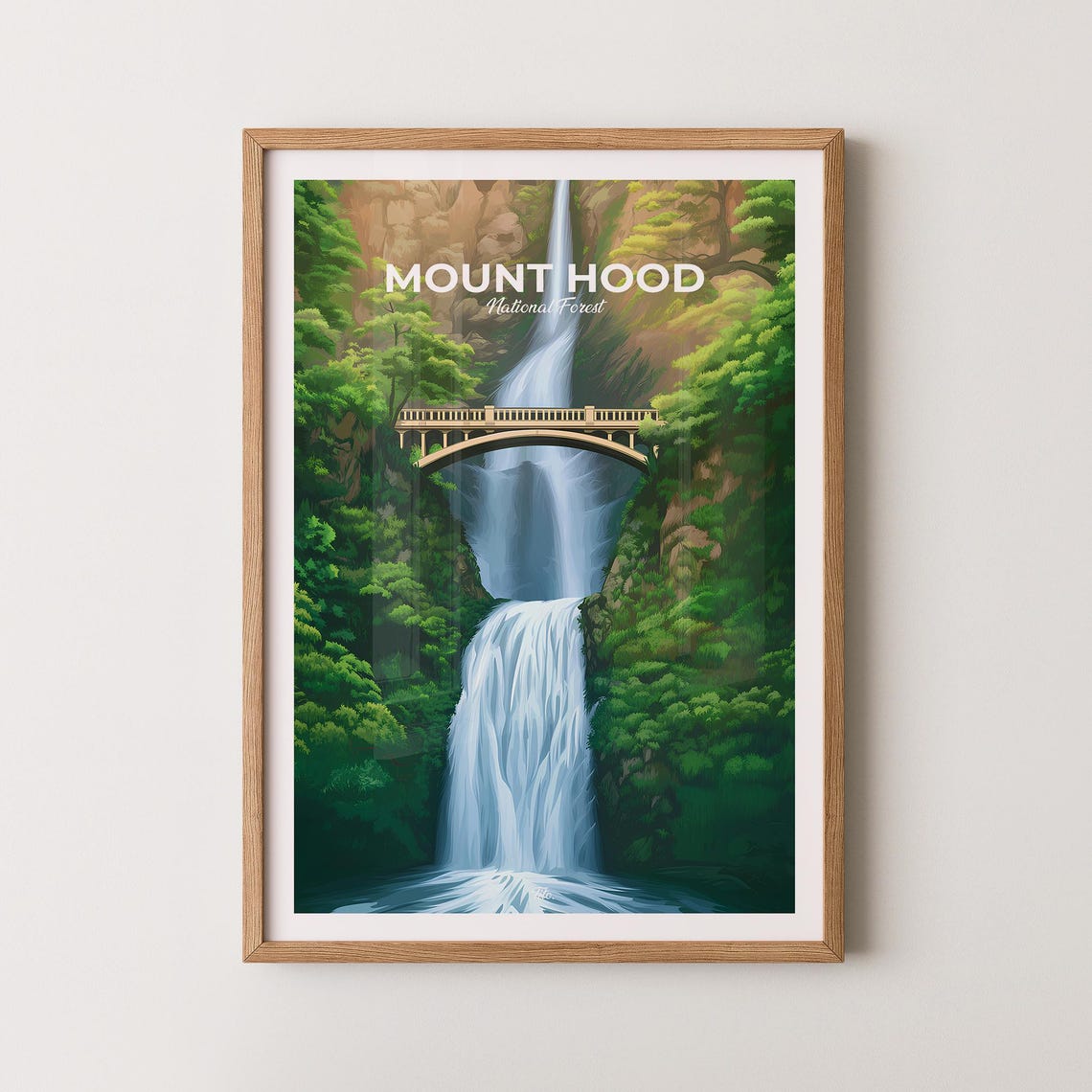 Mount Hood National Forest Waterfall Bridge Vintage Travel Poster