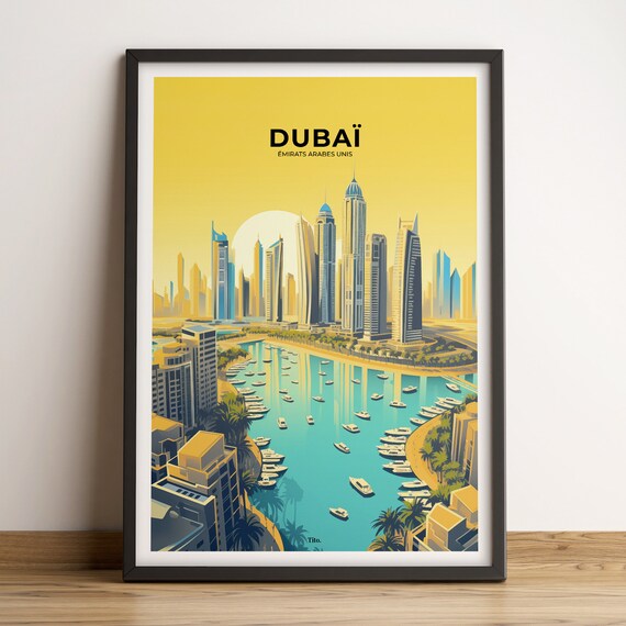 Dubai UAE Marina Skyline Boats Golden Sunset Modern Travel Poster