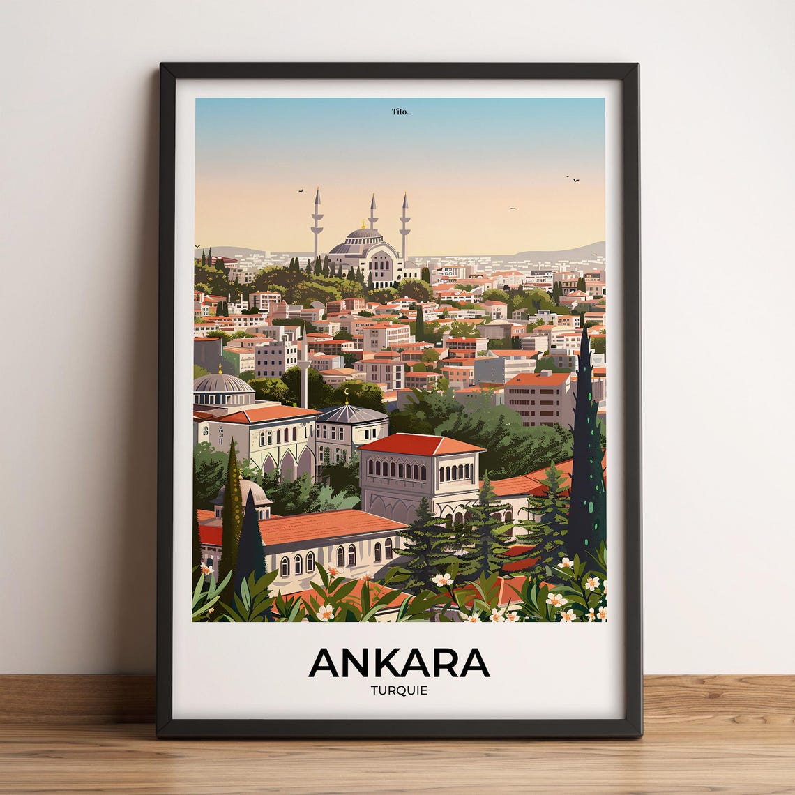 Ankara Turkey Grand Mosque Skyline Sunrise Retro Travel Poster