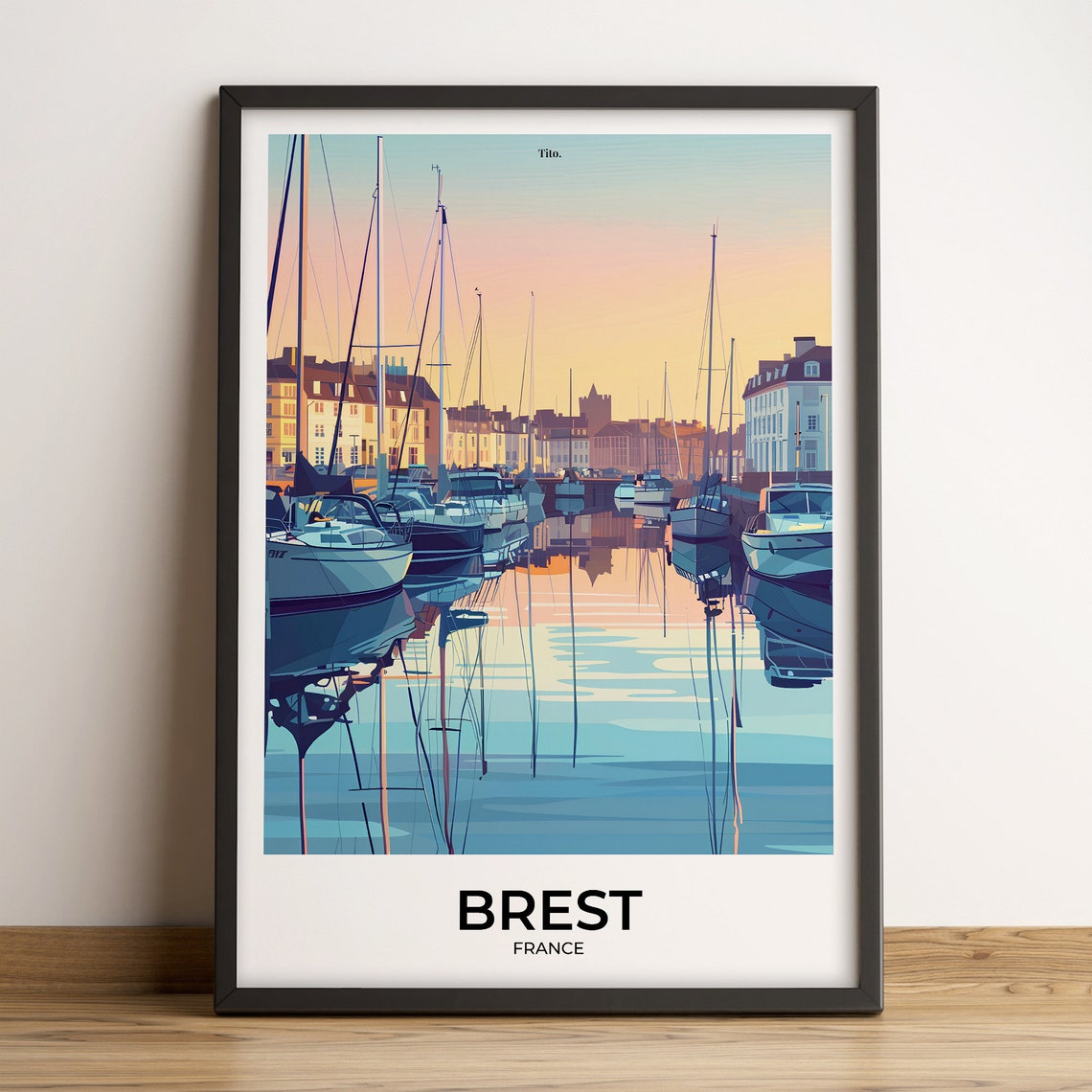Brest France Marina Sailboats Sunset Reflection Vintage Poster