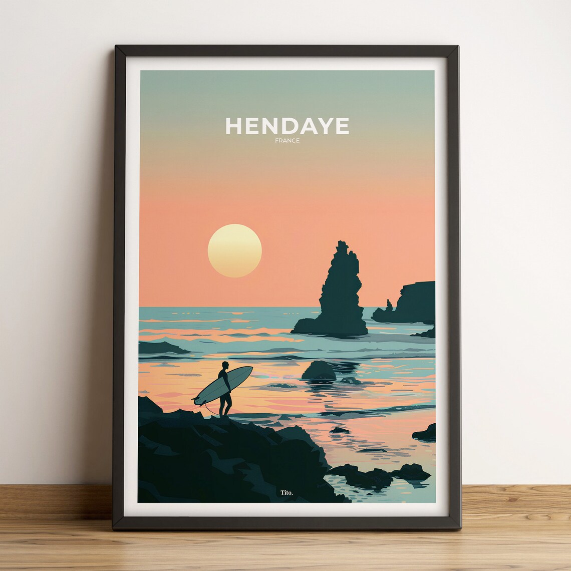 Hendaye France Evening Surf Ocean Rocks Sunset Travel Poster