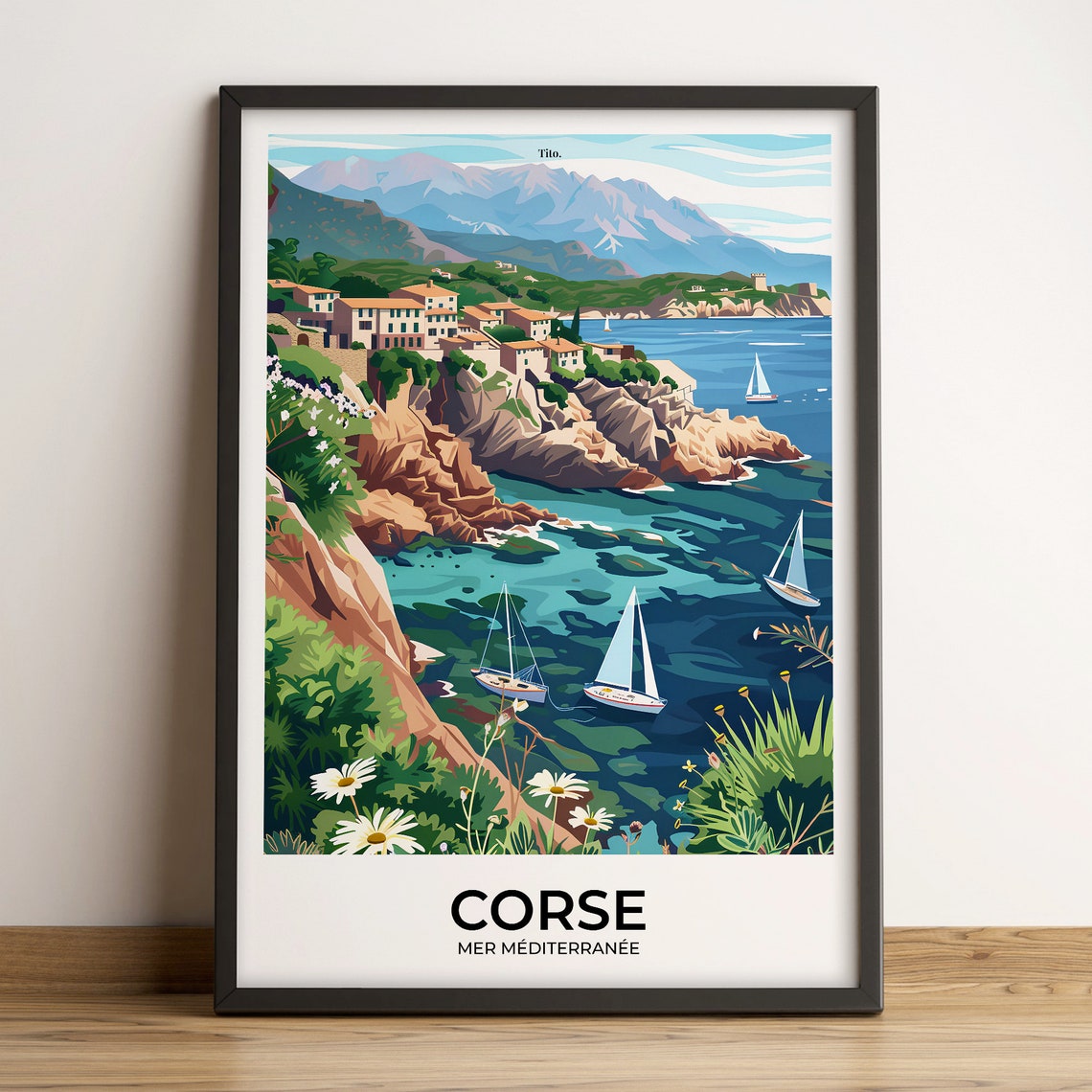 Corsica Mediterranean Cliffs Sailboats Village Vintage Poster