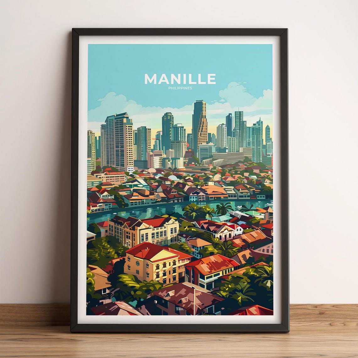 Manila Philippines Cityscape Bay Retro Vintage Travel Poster