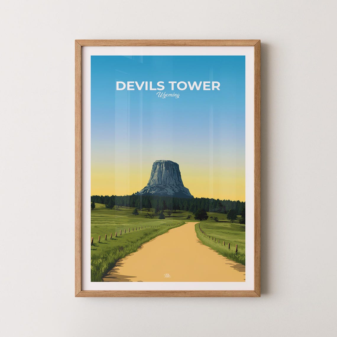 Devils Tower Wyoming Sunset Prairie Road Vintage Travel Poster