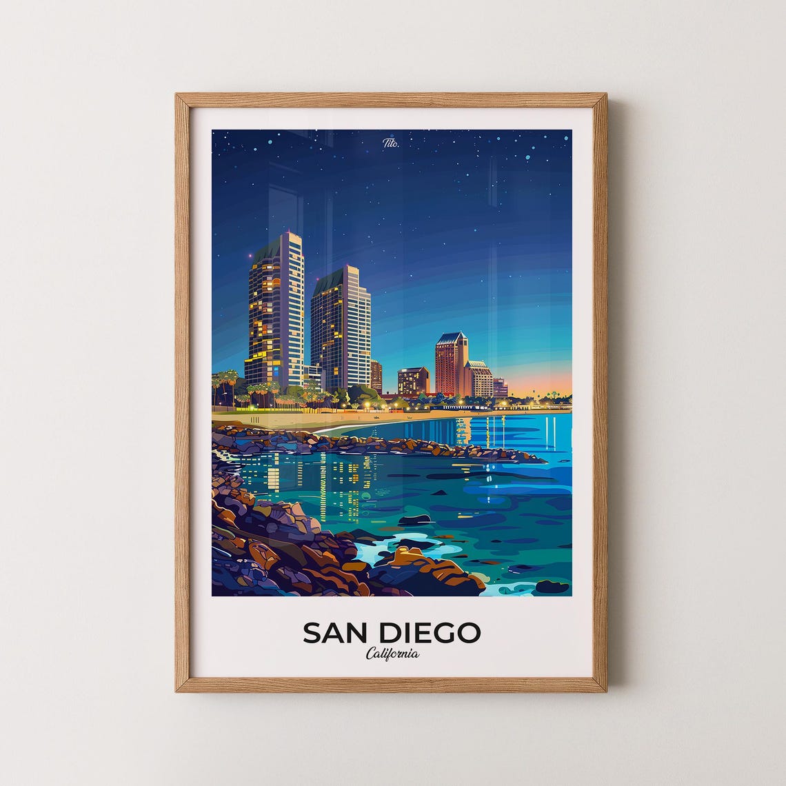 San Diego California Bay Skyline at Dusk Minimal Travel Poster