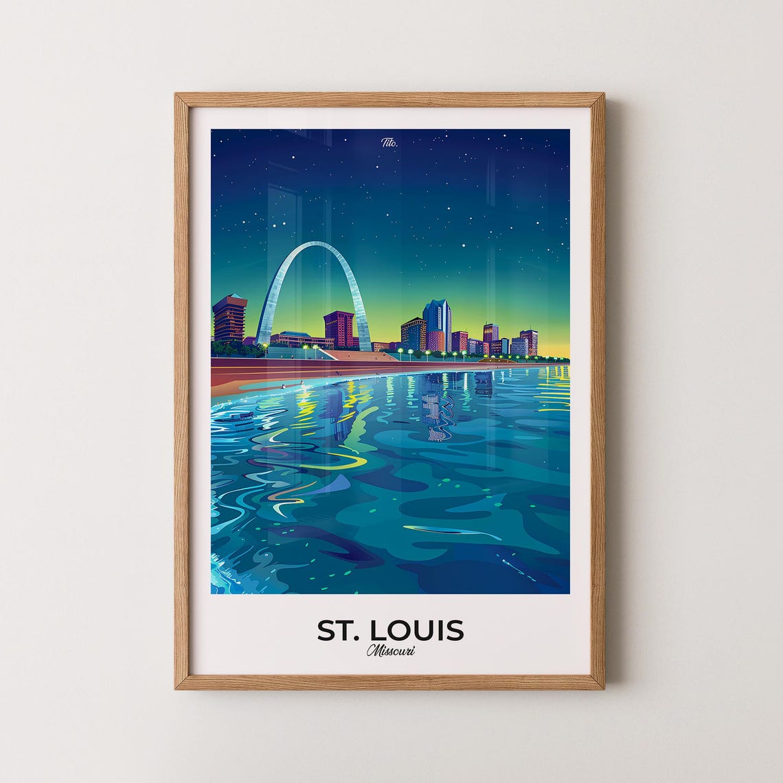 St. Louis Missouri Skyline Travel Poster Arch Night Water Scene