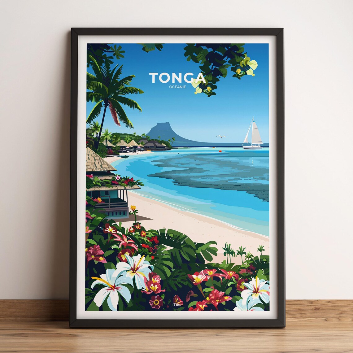 Tonga Oceania Tropical Paradise Sailboat Beach Scene Travel Poster