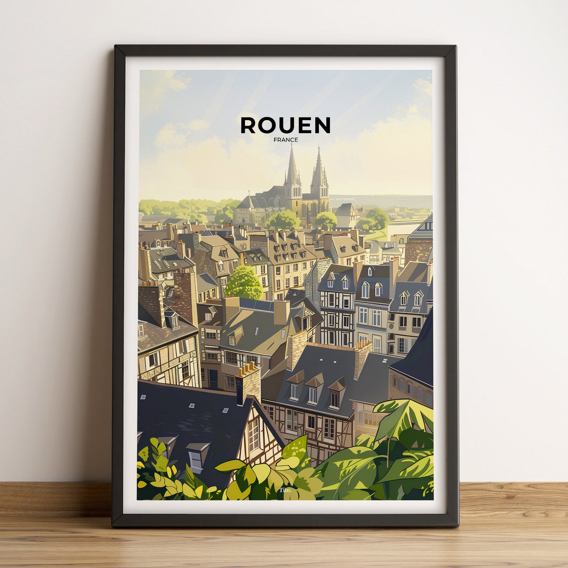 Rouen Cathedral Old Town Rooftops Sunlit France Illustrated Poster