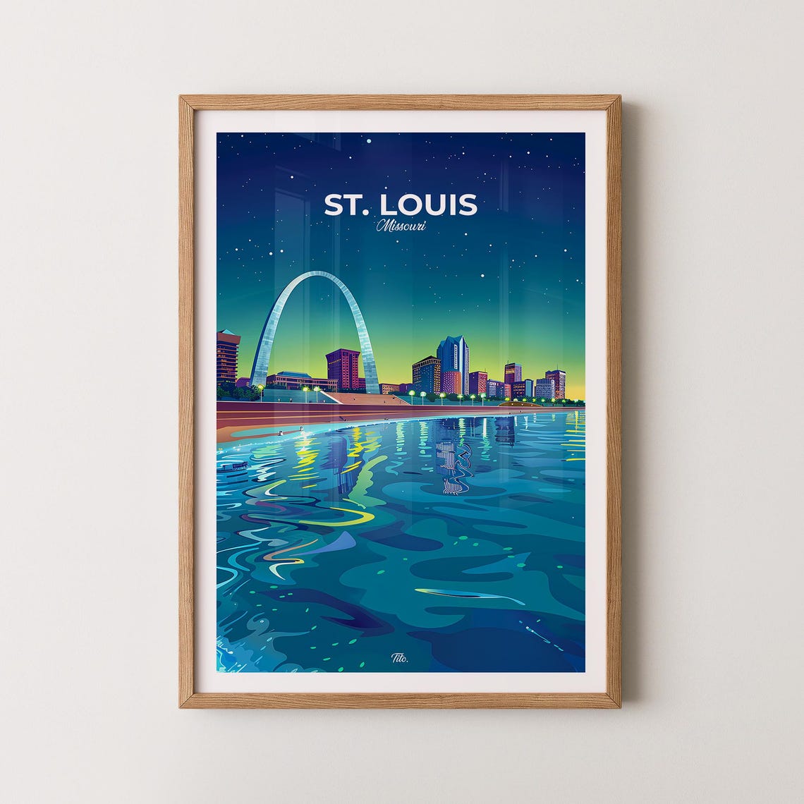 St. Louis Missouri Night Poster Gateway Arch River Skyline View