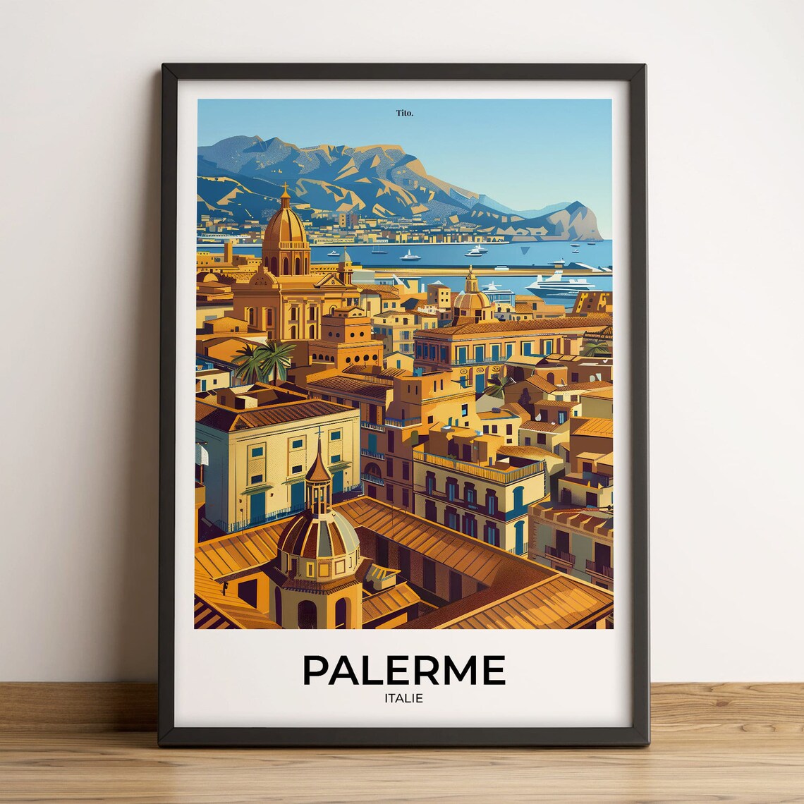 Palermo Sicily Italy Golden Old Town Skyline Vintage Travel Poster