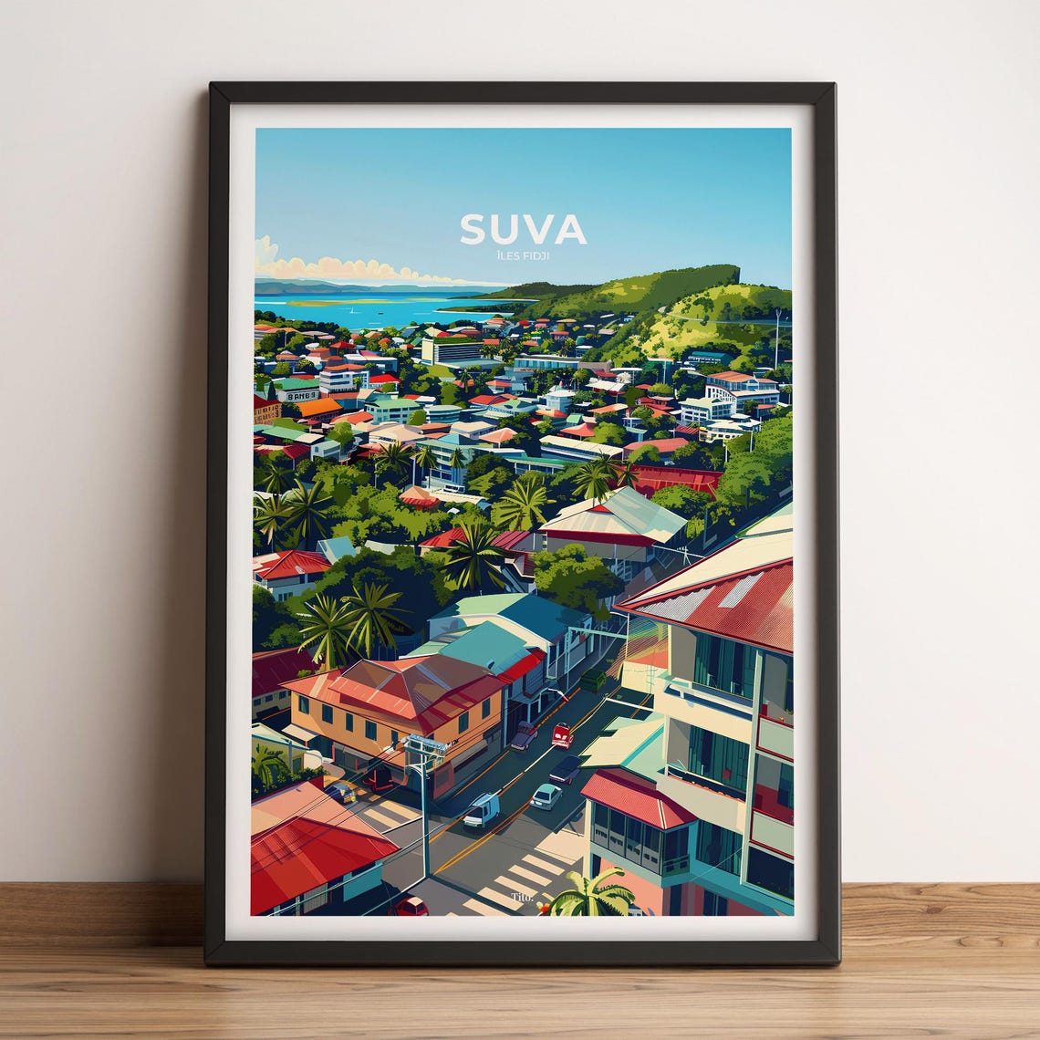 Suva Fiji Islands Cityscape Harbor Hillside Vintage Travel Poster