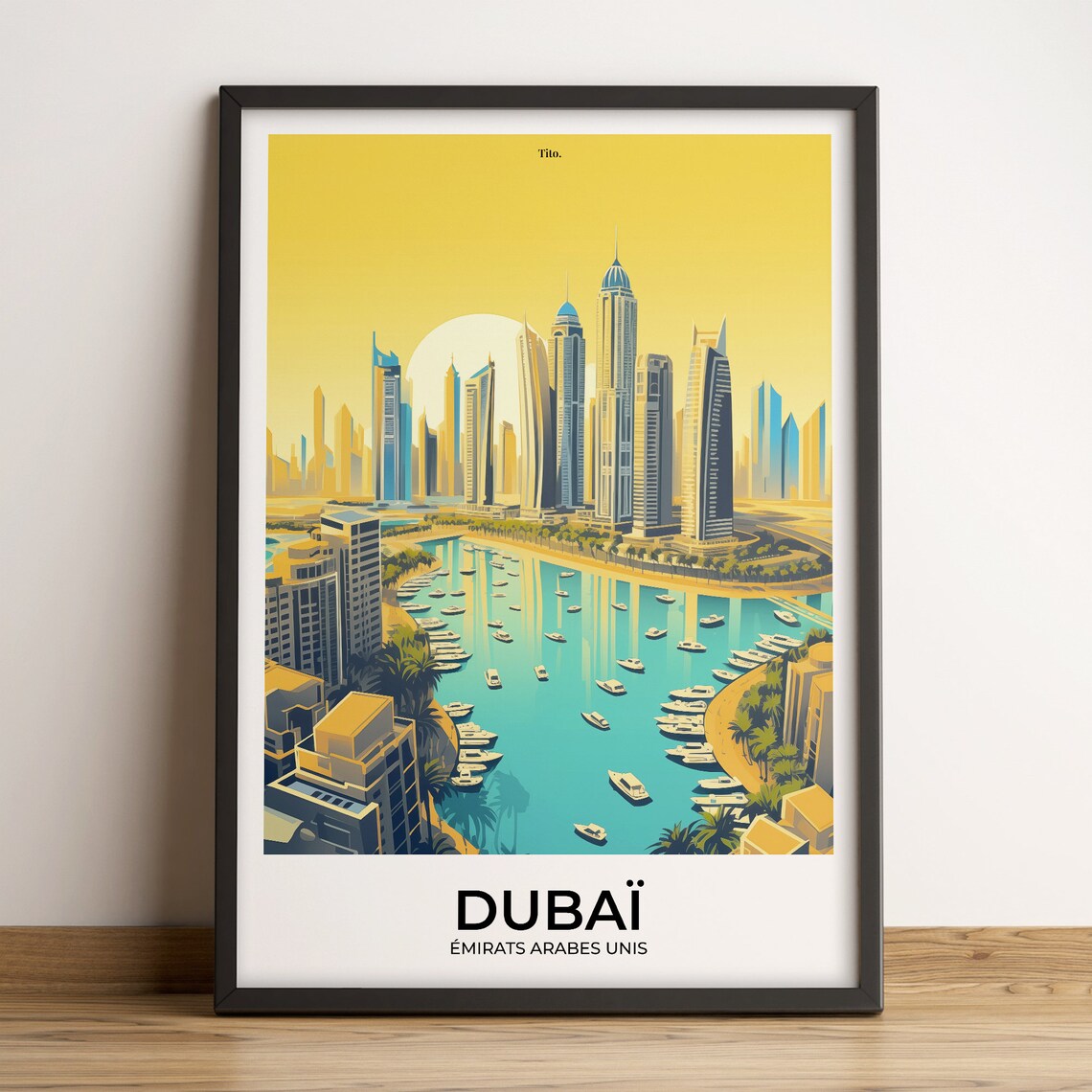 Dubai United Arab Emirates Marina Skyline Boats Sunset Poster
