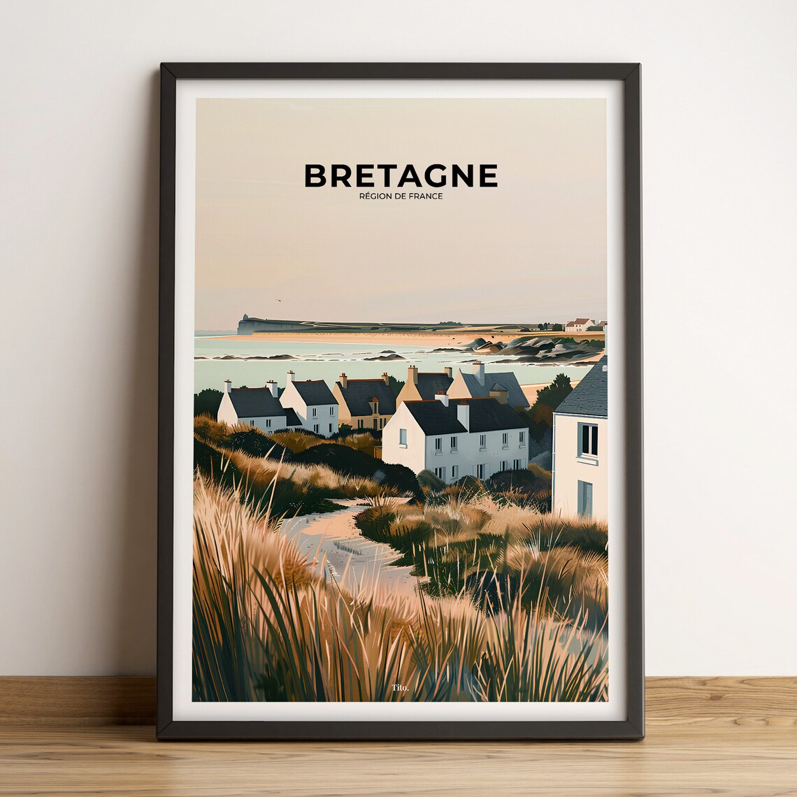 Brittany France Coastal Cottages Dunes Vintage Travel Poster