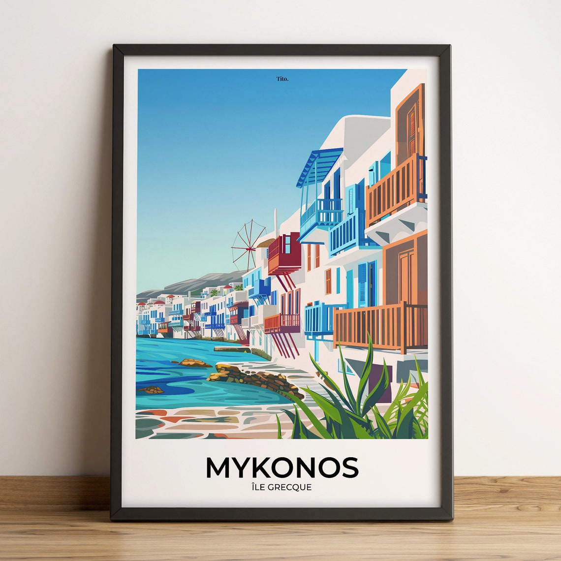 Mykonos Greece Windmill Waterfront Colorful Alley Travel Poster