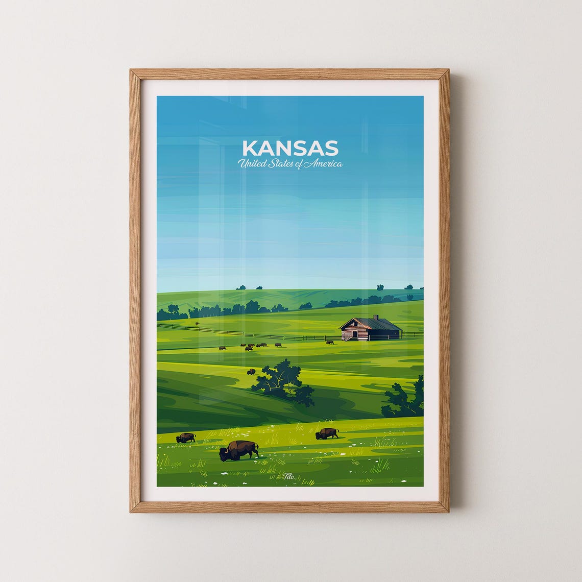 Kansas Golden Prairie Bison Log Cabin Sunset Vintage Travel Poster