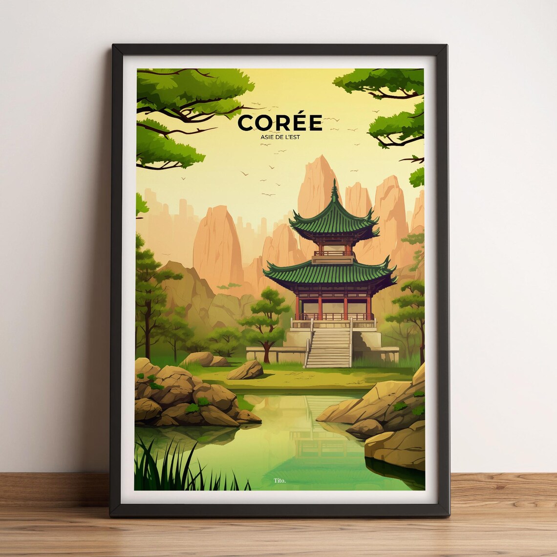 Korea Pagoda Reflecting Pond Mountain Vintage Travel Poster Art