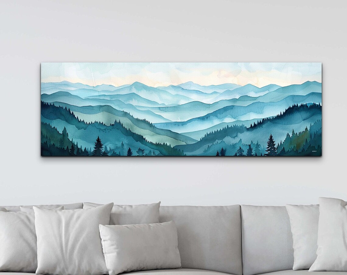 Blue Watercolor Mountain Ranges Misty Panorama Landscape Poster