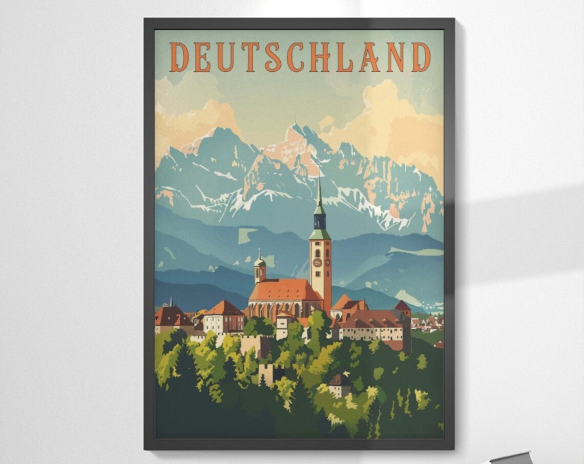 Deutschland Germany Alpine Church Village Snowy Peaks Travel Poster
