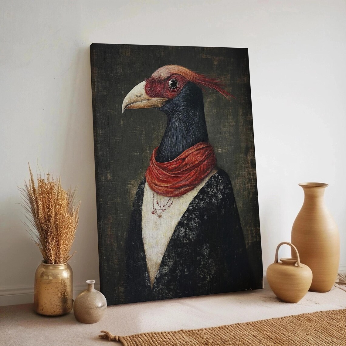 Regal Bird Portrait Poster Vintage Anthropomorphic Animal Painting Dark Moody Decor