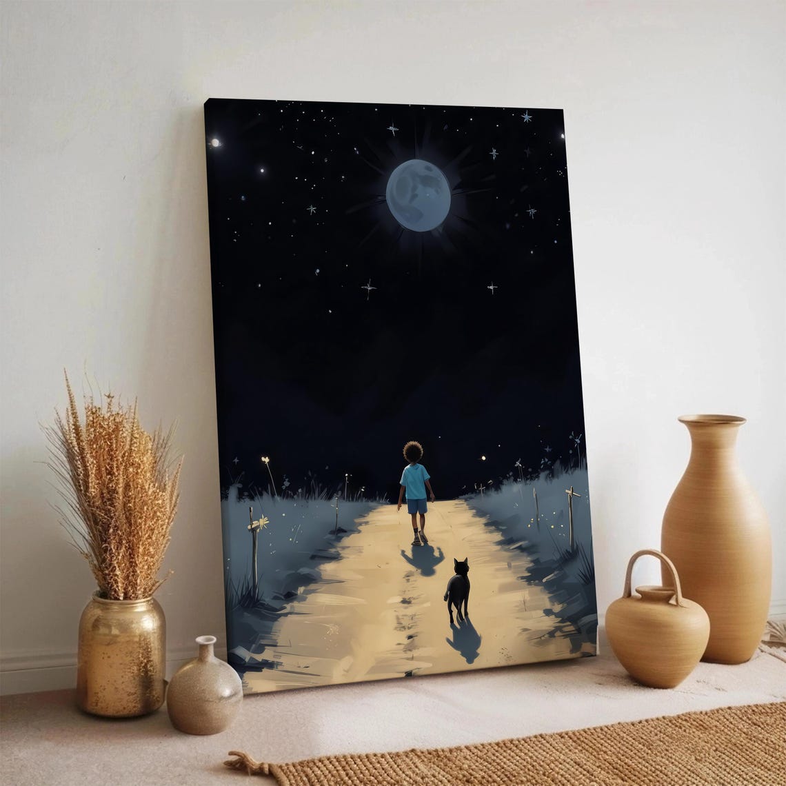 Child and Cat Night Walk Under Full Moon Dreamy Starry Sky Poster