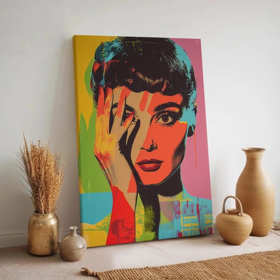 Pop Art Colorful Woman Canvas Wall Abstract Face With Hand Portrait Retro Neon Framed Artwork Bold Feminine Mid Century Modern Decor