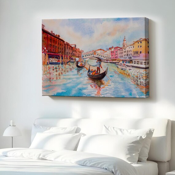 Gondolas on Venice Canal Watercolor Italy Travel Romantic Wall Decor Poster
