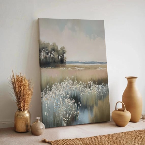 Neutral Meadow Landscape Canvas Soft Pastel Nature Print With Wild Grass And Trees Calming Farmhouse Decor For Bedroom Or Living Room