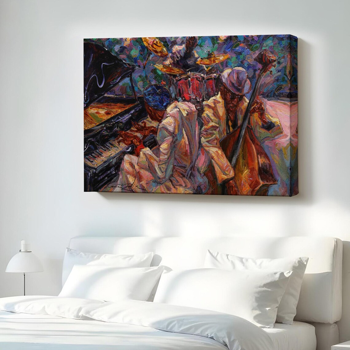 Jazz Trio Live Performance Piano Drums Bass Impasto Oil Poster