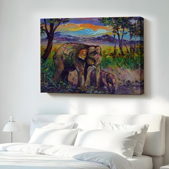 Baby Elephant And Mother In The Forest Painting Animal Canvas Wall Decor Framed Art