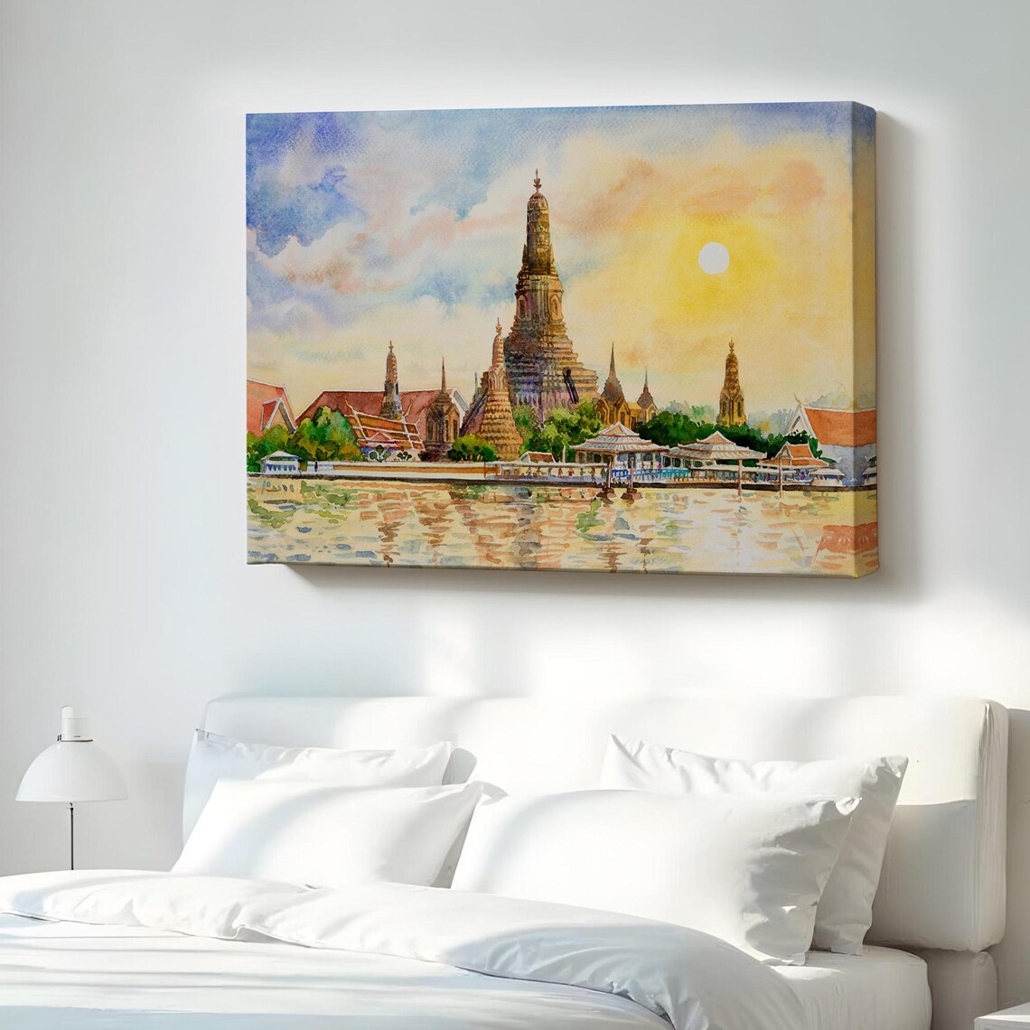Wat Arun Bangkok Temple Sunset Watercolor Thailand Landmark Wall Art