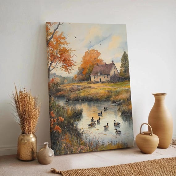 Autumn Cottage Landscape Canvas Wall Art Rustic Fall Farmhouse With Ducks Country Scene Artwork For Kitchen Living Room Decor