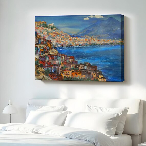 Hillside Colorful Coastal City Mountain Bay Oil Painting View Poster