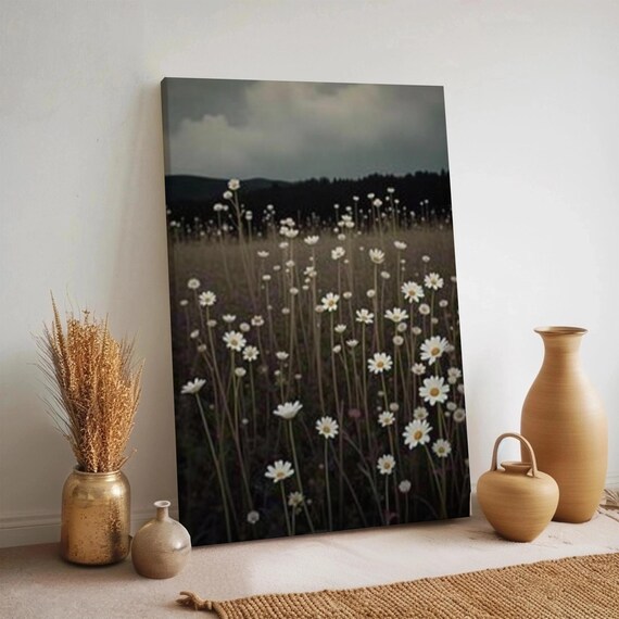Daisy Field Canvas Wall Art Dark Floral Meadow Painting Rustic Countryside Nature Print Framed Botanical Landscape Artwork For Home Decor