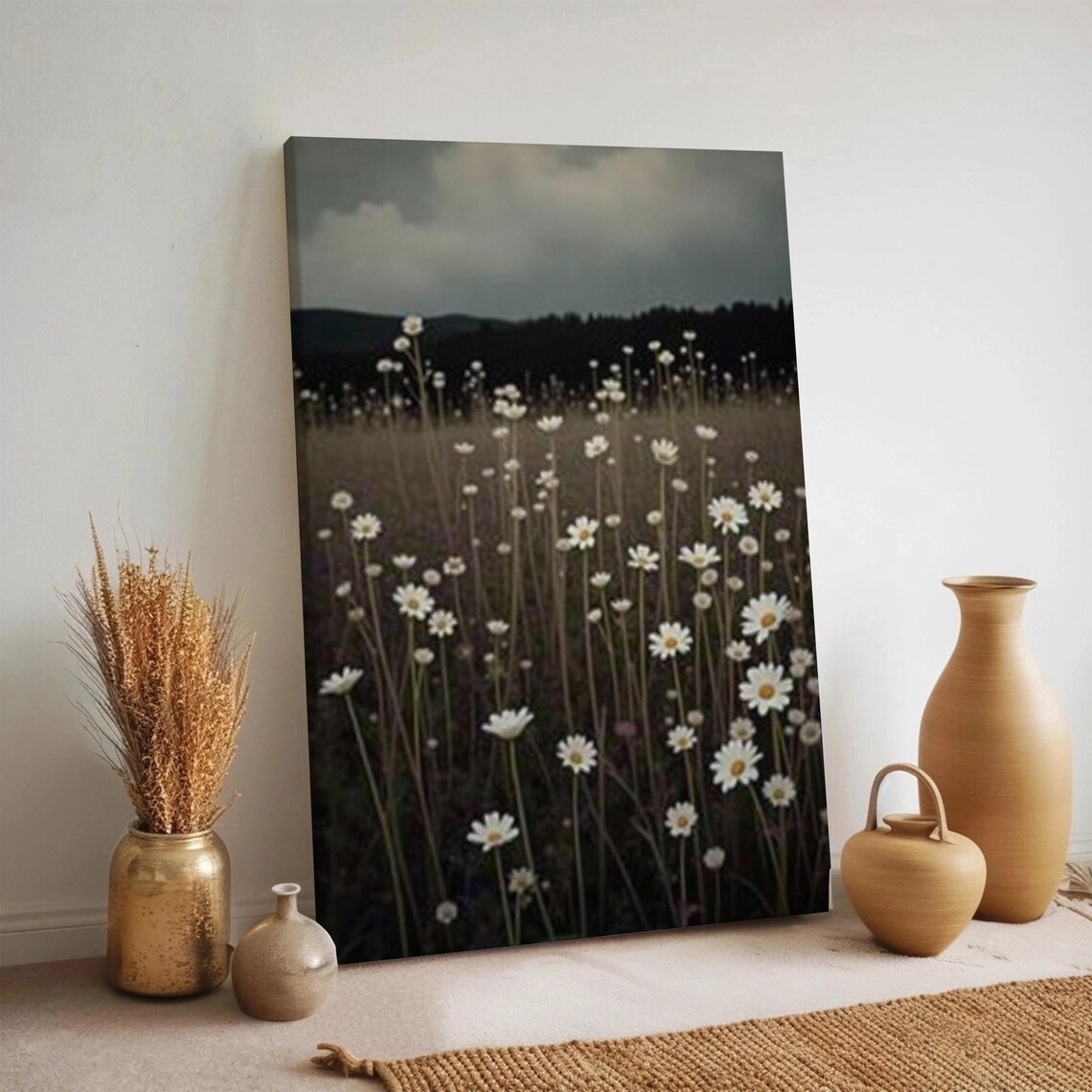 Daisy Field At Dusk Dark Floral Meadow Moody Countryside Wall Art