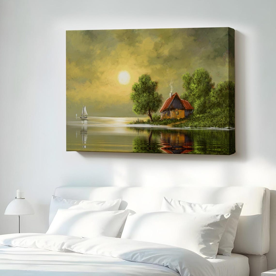 Lakeside Cottage Sunset Golden Reflections Landscape Art Poster